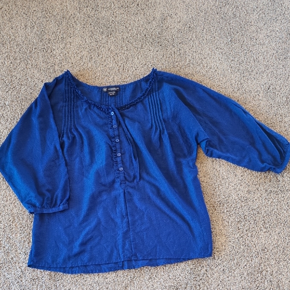 AEO Royal Blue 3/4 Sleeve Knifepleat Top